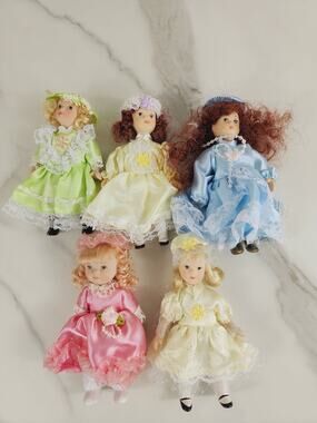 Victorian Mini Porcelain Doll 5 1/4" Pink Green Blue Yellow Dress x5 Vintage